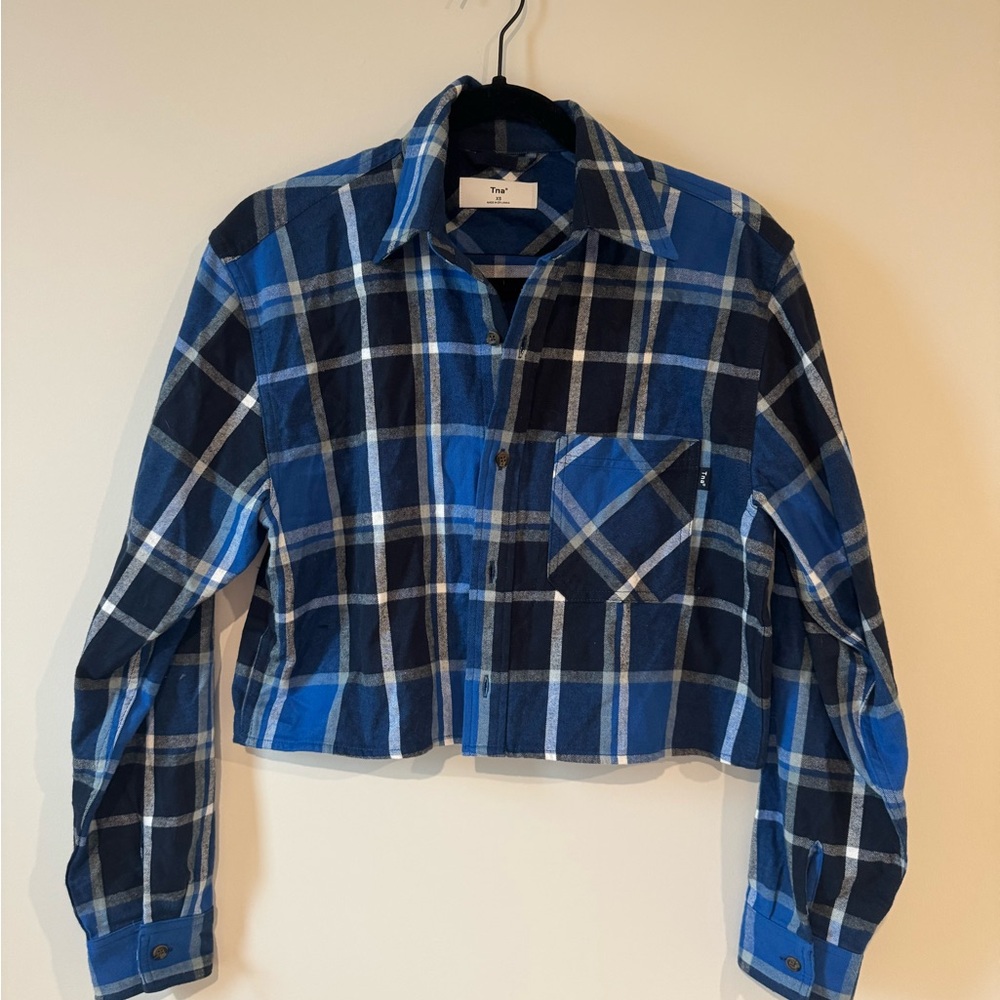 TNA Blue and Black Plaid Women's Cropped Top